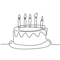 desenho de linha contínua de bolo de aniversário com vela. um bolo com creme e velas. conceito de celebração de festa de aniversário. momento feliz no minimalismo da ilustração do vetor do fundo branco.