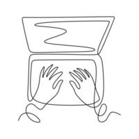 um desenho de linha contínuo de digitação manual no teclado do laptop um povo usando um computador para compartilhar conteúdo multimídia com amigos online. conceitos de negócios e tecnologia. ilustração vetorial vetor