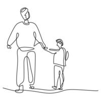 um desenho de linha de pai e filho. jovem papai segurando seu filho e caminhando juntos na rua para se exercitar pela manhã. conceito de tempo para a família feliz. estilo minimalista. ilustração vetorial vetor