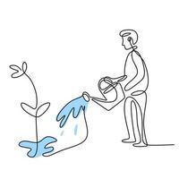 um desenho de linha contínua de um homem regando flores no jardim em um dia ensolarado de verão. homem jovem feliz derramando água para plantar para fazê-la crescer atividade de jardinagem. ilustração vetorial vetor