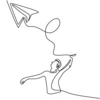 um desenho de linha contínua de jovem lançando um avião de brinquedo no campo. menino adolescente feliz jogando avião para o céu isolado no fundo branco. tema de atividade de verão. ilustração vetorial vetor