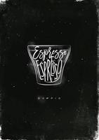 doppio copo letras espresso dentro vintage gráfico estilo desenhando com giz em quadro-negro fundo vetor
