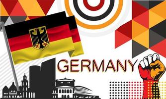 Alemanha nacional dia ou deutschland bandeira abstrato geométrico formas, Berlim panorama pontos de referência. alemão bandeira e mapa. vermelho amarelo vetor
