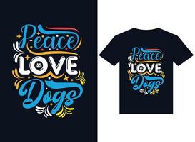 ilustrações de cachorros de paz e amor para design de camisetas prontas para impressão vetor