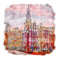 amsterdã holanda desenho aquarela ilustração desenhada à mão vetor