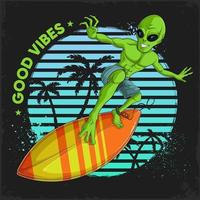 mão desenhado engraçado estrangeiro surfar em laranja prancha de surfe contra vintage pôr do sol, estrangeiro UFO personagem surfar vetor