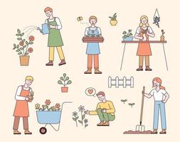 pessoas jardinando, plantando ou regando flores. ilustração em vetor mínimo estilo design plano.