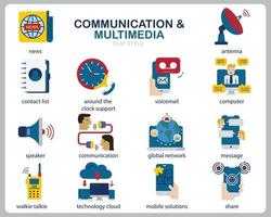 ícone de multimídia de comunicação definido para site, documento, design de cartaz, impressão, aplicativo. estilo simples do ícone do conceito de comunicação. vetor