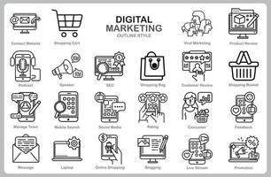 ícone de marketing digital definido para site, documento, design de cartaz, impressão, aplicativo. estilo de contorno do ícone do conceito de marketing digital. vetor