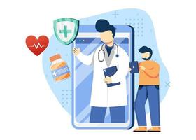 médico on-line e ilustração em vetor conceito de saúde. diagnóstico online, consulta online, médico pessoal. pode usar para página inicial, aplicativos móveis. estilo simples da ilustração dos desenhos animados do personagem.