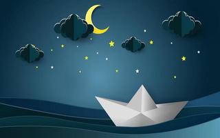 veleiros na paisagem do oceano com a lua e as estrelas no céu noturno. conceito de boa noite. vetor