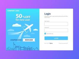 design de modelo de página de login, oferta para novo usuário vetor