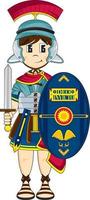 fofa desenho animado romano soldado com espada e escudo história ilustração vetor