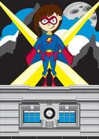 desenho animado heróico Super heroi menina em telhado vetor