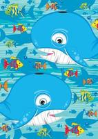 fofa desenho animado azul baleia e peixe embaixo da agua cena vetor