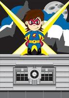 desenho animado heróico Super heroi personagem em telhado vetor