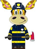 fofa desenho animado girafa bombeiro personagem com Machado vetor