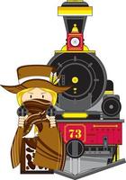 fofa desenho animado selvagem oeste vaqueiro dentro poncho com vapor trem vetor