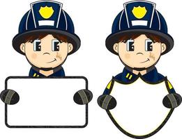 fofa desenho animado bombeiro personagem segurando uma placa vetor