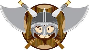 fofa desenho animado viking Guerreiro com escudo e machados vetor