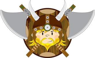 fofa desenho animado viking Guerreiro com escudo e machados vetor