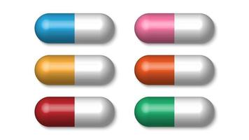 pílulas médicas coloridas realistas, comprimidos, cápsulas isoladas no fundo branco, ilustração vetorial