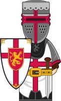 fofa desenho animado bravo medieval cavaleiro com espada e escudo vetor