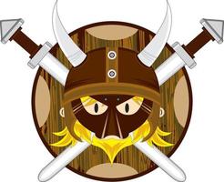 fofa desenho animado viking Guerreiro com escudo e espadas vetor