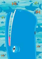 fofa desenho animado azul baleia e peixe embaixo da agua cena vetor