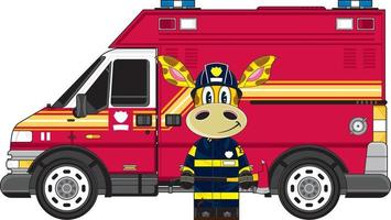 fofa desenho animado girafa bombeiro e fogo motor vetor