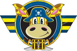 desenho animado fanfarrão girafa pirata capitão com Tesouro e espadas vetor