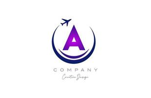 uma alfabeto carta logotipo com avião para uma viagem ou reserva agência dentro roxo. corporativo criativo modelo Projeto para companhia e o negócio vetor