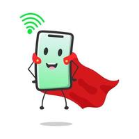 personagem de smartphone super voador dos desenhos animados com ilustração vetorial de sinal de wi-fi totalmente verde vetor