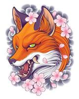 ilustração de cabeça de raposa com fundo de arte de tatuagem japonesa vetor