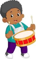 a africano Garoto apaixonadamente tocam a vermelho tambor musical instrumento vetor