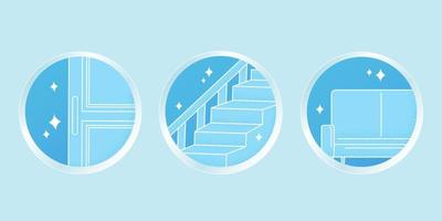 círculo ícones ou símbolos do diferente interior casa superfície, Incluindo porta lidar, escadas e sofá. elemento isolado em azul fundo. vetor