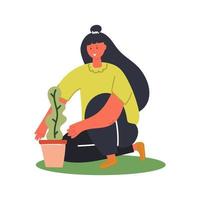 mão desenhada mulher planta árvore ou planta no jardim. ilustração plana. conceito de primavera. vetor