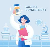 fêmea cientista dentro branco casaco segurando vacina garrafa dentro laboratório. conceito do vacinação contra covid-19 ou médico pesquisar. vetor
