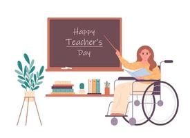 fêmea professor dentro cadeira de rodas às Sala de aula perto quadro-negro. Educação, palestra e lição às escola. vetor