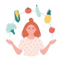 mulher com legumes e frutas. saudável comida, apropriado nutrição, vegetariano e vegano conceito vetor
