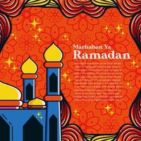 social meios de comunicação cumprimento cartão modelo para Ramadã mês com mesquita mão desenhado vetor ilustração