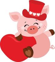 adorável porco com vermelho chapéu e uma vermelho coração vetor