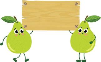 dois engraçado peras mascote segurando a esvaziar de madeira tabuleta vetor
