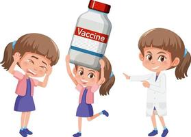 conjunto de uma menina segurando o conceito de vacina de objetos diferentes vetor