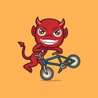 fofa desenho animado diabo equitação uma corrida bicicleta vetor