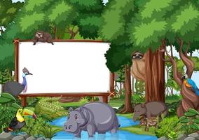 banner em branco na cena da floresta tropical com animais selvagens vetor