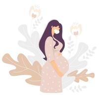 maternidade. mulher grávida feliz com uma máscara médica abraça suavemente a barriga com as mãos, sobre um fundo com uma decoração de flores e plantas delicadas. ilustração vetorial. conceito de cobiça, pandemia vetor