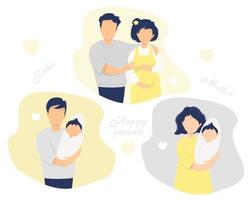 conjunto de vetores plana de família feliz. marido com uma esposa grávida em roupas amarelas, pais felizes - pai e mãe com um bebê recém-nascido nos braços. ilustração vetorial. isolado. ilustração plana