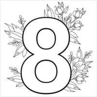 flor número oito. padrão decorativo 8 com flores, tulipas, botões e folhas. ilustração vetorial isolada no fundo branco. linha, esboço. para cartões comemorativos, impressão, design e decoração vetor