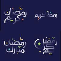 Ramadã kareem dentro branco lustroso caligrafia com colorida Projeto elementos para islâmico cumprimento cartões e faixas vetor